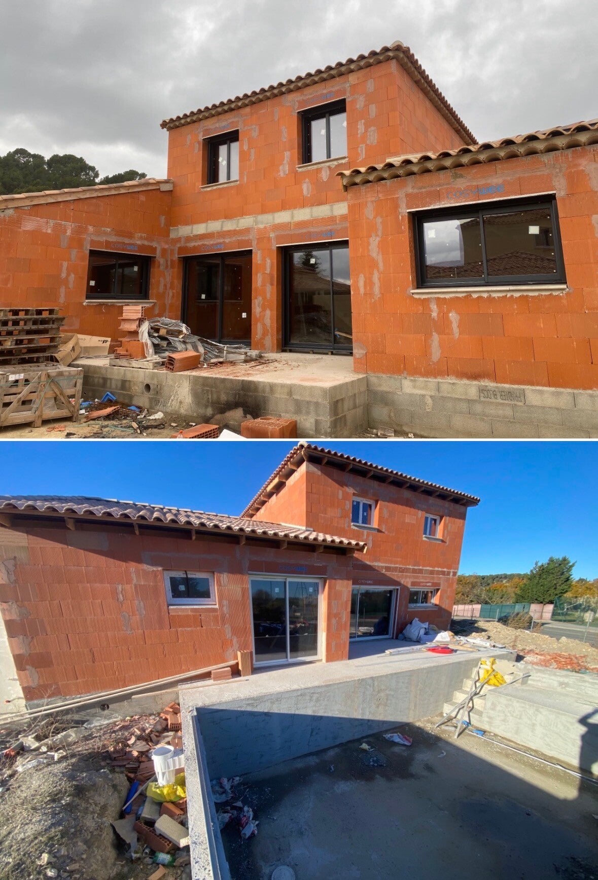 Maison neuve avec bassin de piscine en béton